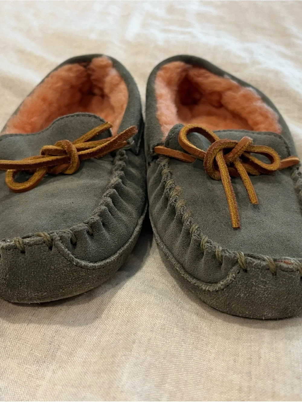 L. L. Bean Cozy Suede Moccasin Slippers in Olive with Rust Fur Lining